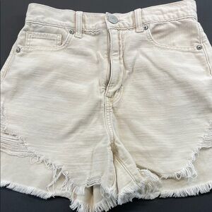 American Eagle Highest Rise Mom Shorts Distressed Raw Hem Beige Sz 2
